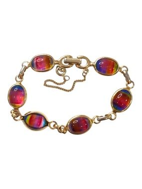 Sarah Coventry Gold-Tone Bracelet With Oval Rainbow Glass Cabochons & Safety Cha